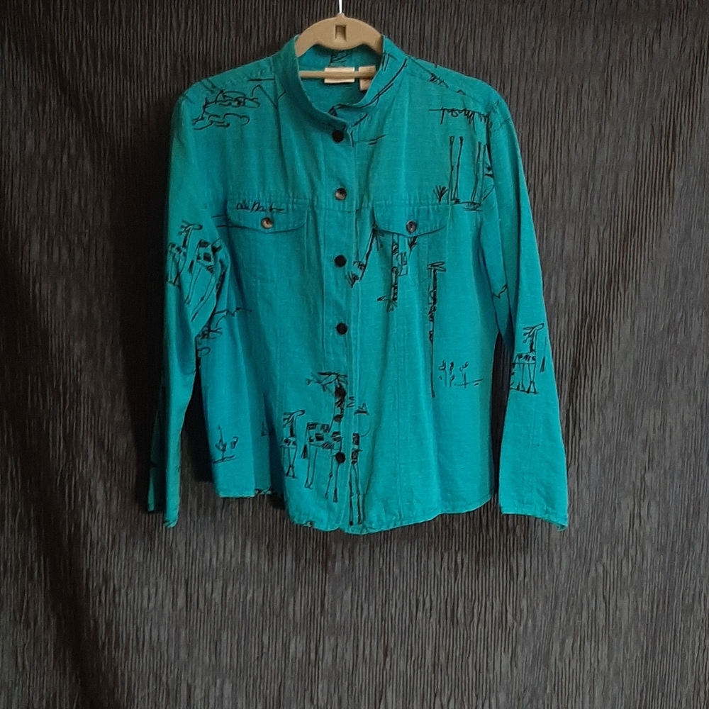 CHICOS blue button up with black print